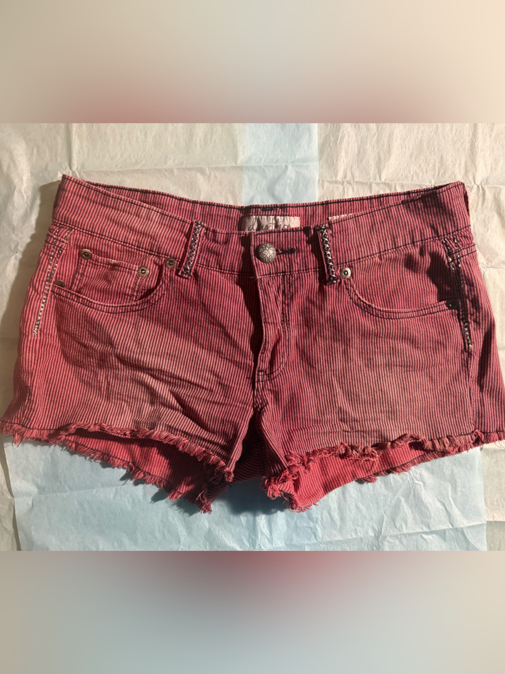 Daytrip Pink Red Striped Frayed Hem Jean Shorts